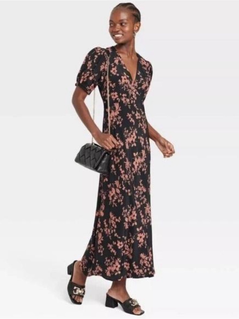 A New Day Rust/Brown & Black Floral Puff Sleeve Midi Dress